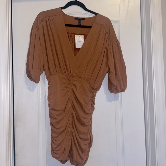 NWT  Forever 21 |Wrap Ruched Mini Dress/ color light brown - Picture 6 of 10